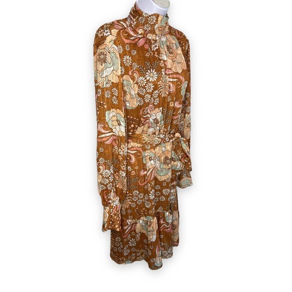Ryegrass Large High Neck Long Sleeve Fit Flare Dress Mod Retro Rust Brown Floral - Picture 3 of 13